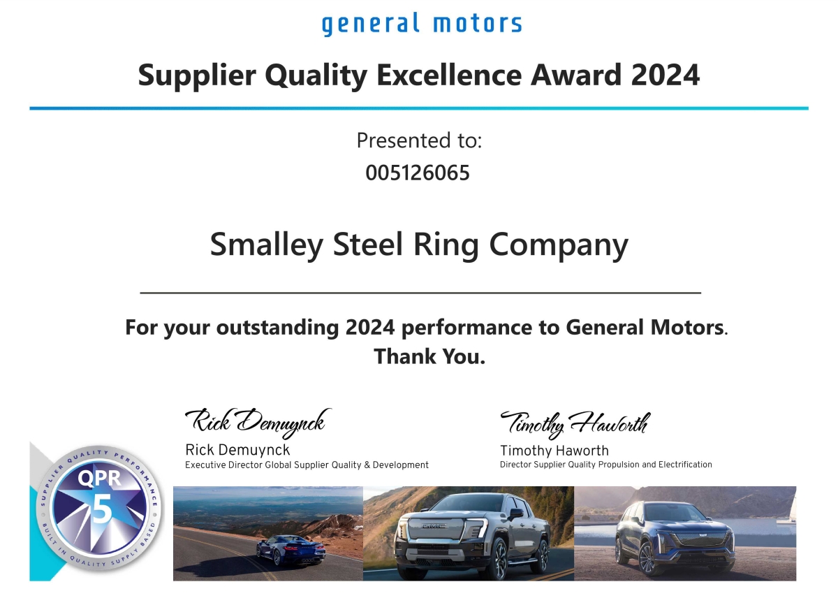Smalley Recognized with GM Supplier Quality Excellence Award for 13th Straight Year