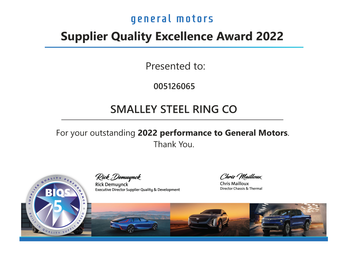 Smalley Supplier Quality Excellence Award 2022